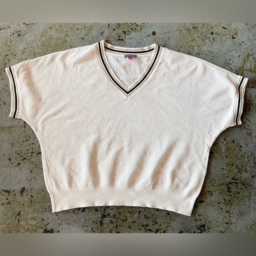 Vince Camuto Cream Knit V-Neck Mesh Knit Pullover Sweater Size Large